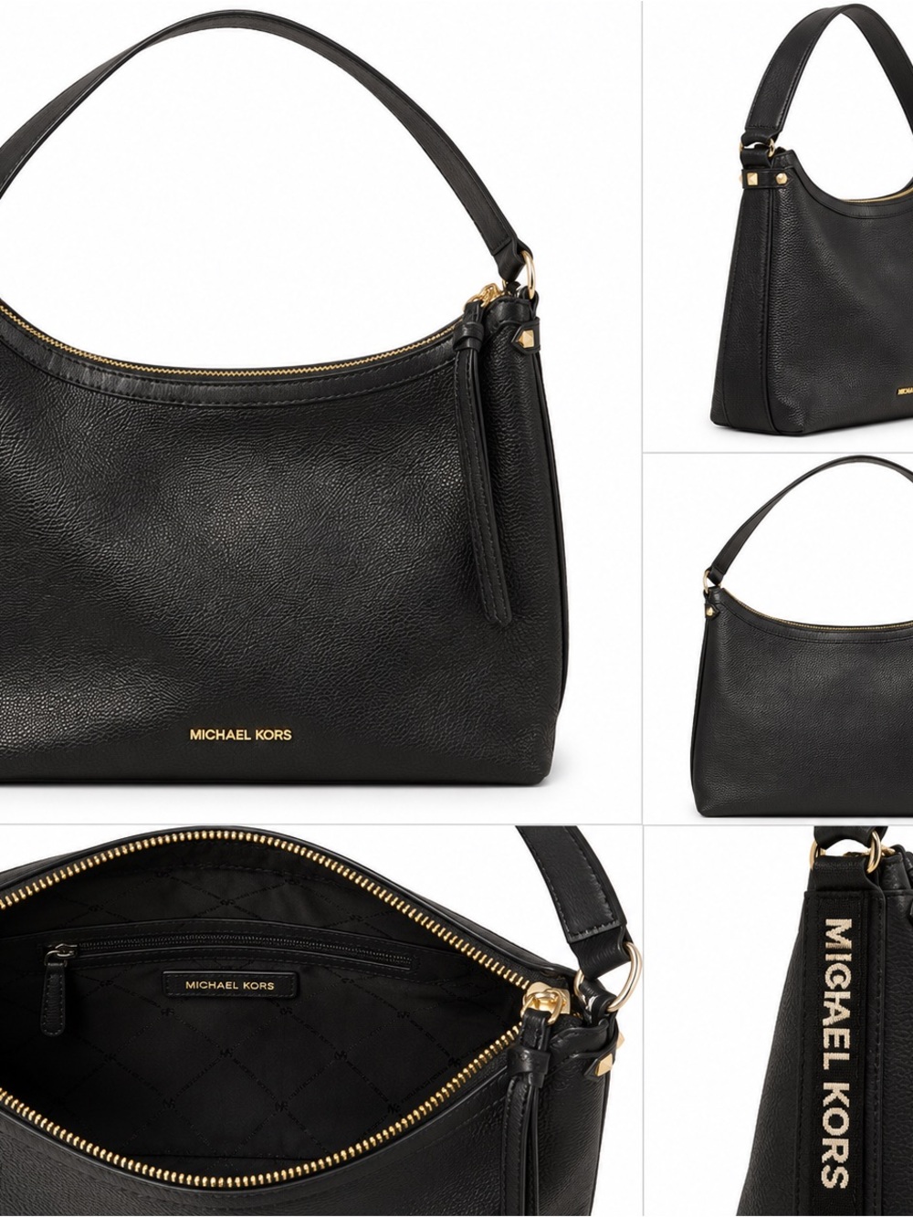 Michael Kors Black Pebbled Leather Shoulder Bag with Gold Hardware